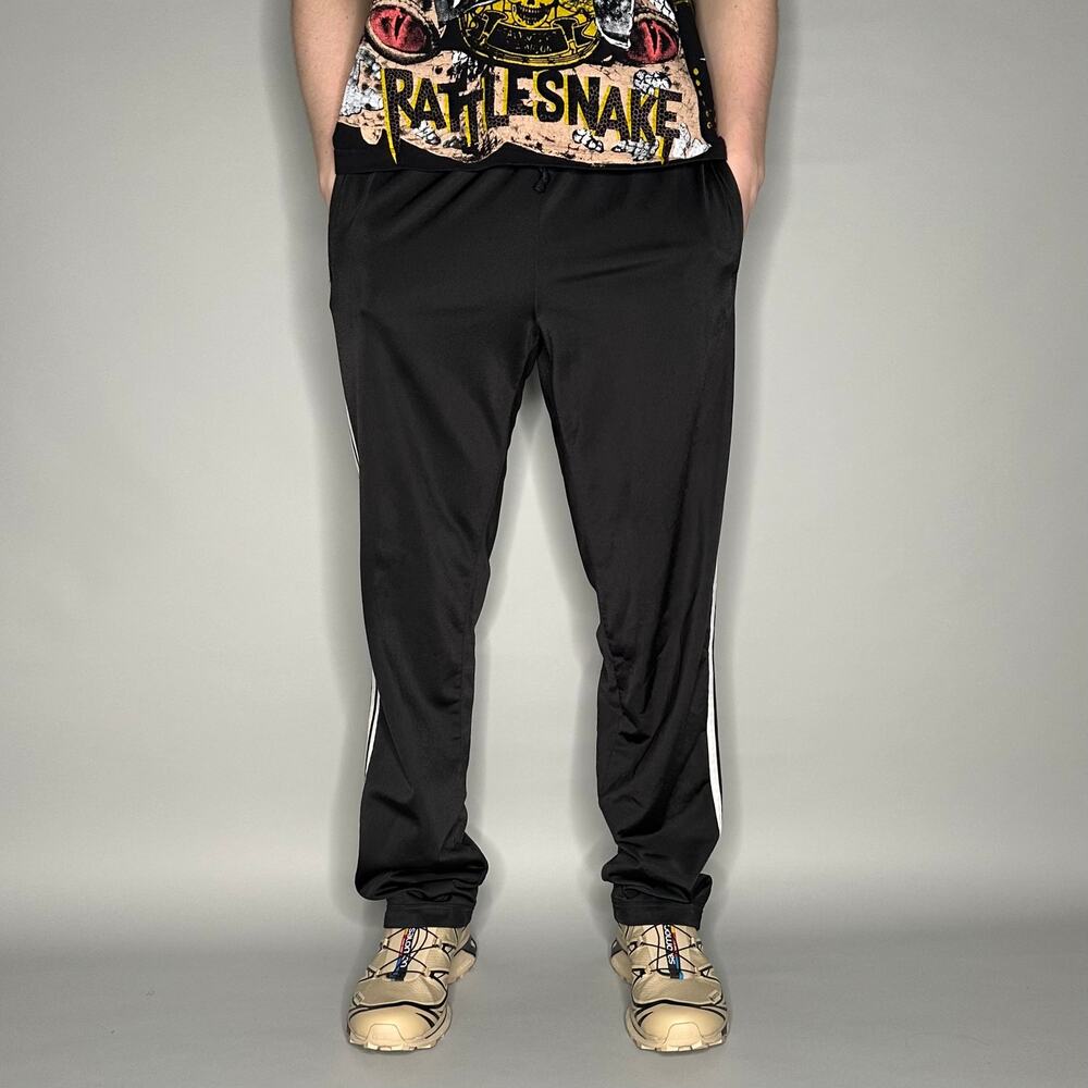 Vintage Y2K Adidas Sweatpants Mens M Baggy Wide Leg Black Polyester White Stripe - Picture 2 of 4